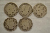 Coins. 5 Barber Half Dollars. 1904-1908