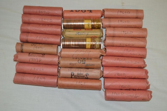 Coins. 1920's-1970's Pennies. 25 Rolls