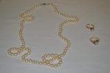 Genuine Cultured Pearl Necklace & 2 Pearl Rings