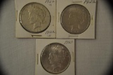 Coins. 3 Peace Silver Dollars. 1922, 1922-S, 1923