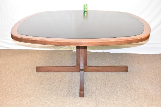 Large Mid-Century Hardwood Table Leather Inset Top