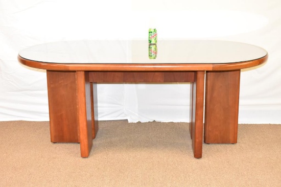 Mid-Century Hardwood Oblong Double Pedestal Table