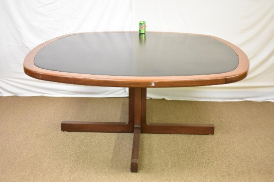 Large Mid Century Hardwood Table Leather Inset Top