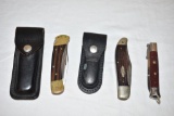 Three Folding Knives & 2 Leather Sheaths