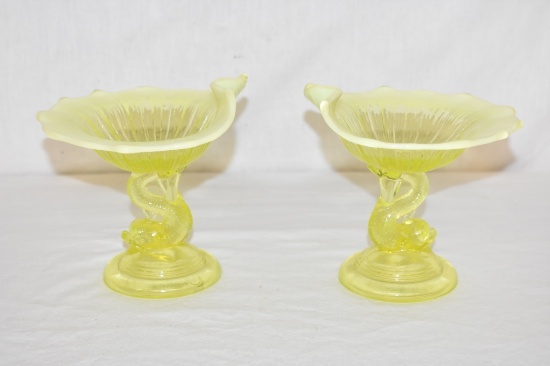 Two Vaseline Fenton Dolphin Opalescent Compotes