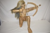 Wood Sculpture of Native American with Bow & Arrow