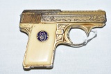 Gun. Walthers Model 9 Engraved Gold Plated 25 cal Pistol