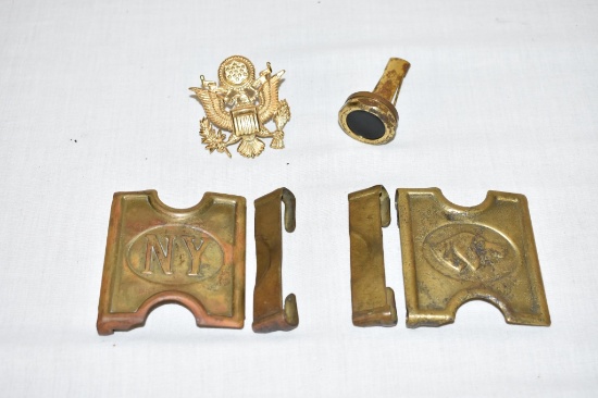 Military Lot Two Belt Buckles, Hat Pin & Compass