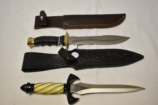 Two Large Fixed Blade Knives & Leather Sheaths