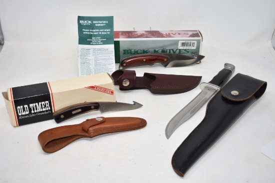 Three Fixed Blade Knives with Leather Sheaths