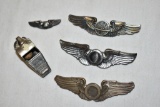 4 US Military Flight Wing Sterling Pins & Whistle