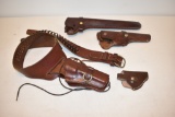 Four Leather Pistol Holsters & Ammo Belt