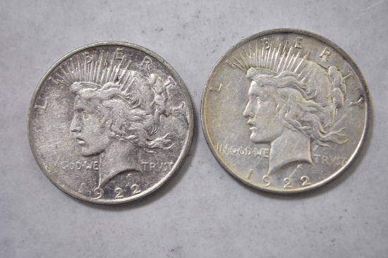 Two Peace Silver Dollars-1922-Plain Mint & D