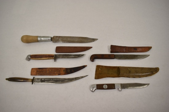 Five Fixed Blade Knives.& Three Leather Sheaths.