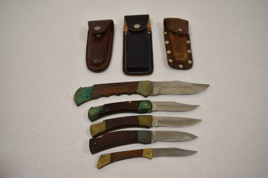 Five Folding Blade Knives & Three Leather Sheaths