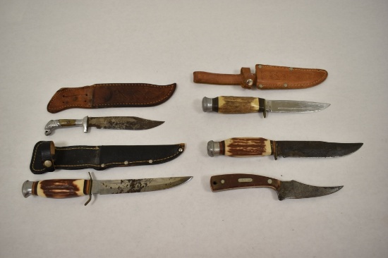 Five Fixed Blade Knives & Three Leather Sheaths.