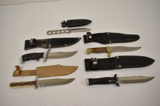 Five Fixed Blade Knives with Leather Sheaths