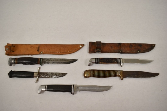 Five Fixed Blade Knives & Two Leather Sheaths.