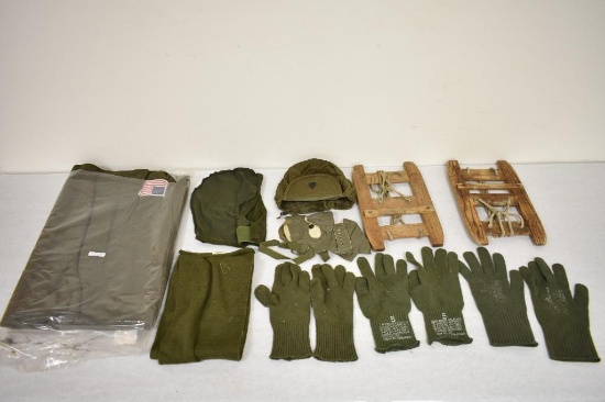 Assorted Military Blanket, Scarf, Gloves, Wood Snowshoes & More