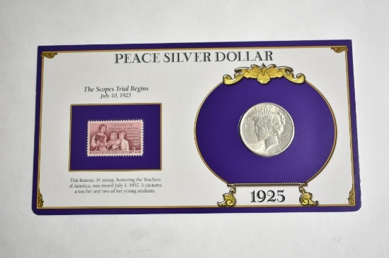 1925 Peace Silver Dollar Coin with 1957 Teachers of America Stamp