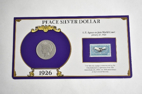 1926 Peace Silver Dollar Coin with 1965 International Cooperation Year Stamp