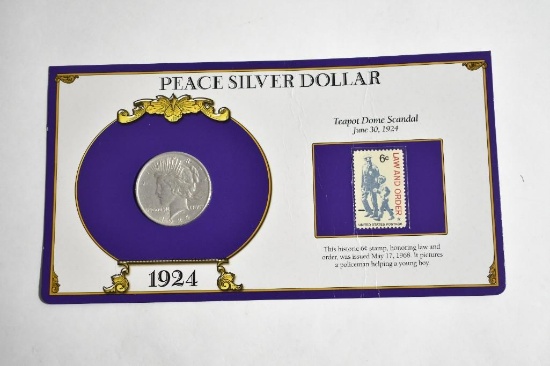 1924 Peace Silver Dollar Coin with 1968 Law and Order Stamp