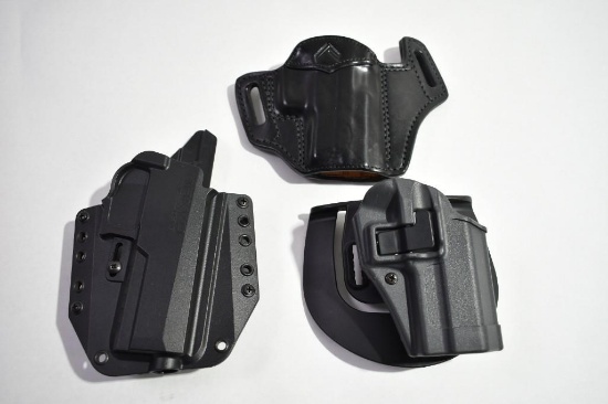 3 - Handgun Holsters - 1 Leather 2 Hard Plastic - Mitch Rosens, Blackhawk, & Bravo