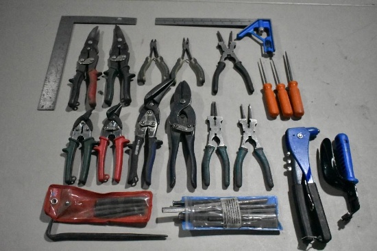 Assorted Metal Sheers, Punches, Chisels, Plyers & Squares