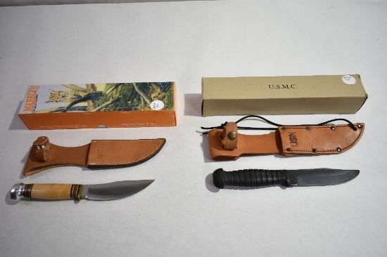 2 - Fixed Blade Knives with Sheaths - Marbles & U.S.M.C. Navy Deck knife