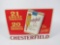 NOS 1950s Chesterfield Cigarettes single-sided tin sign with embossed cigarette pack graphic.