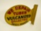 Rare 1930s We Repair Vulcanized Tubes double-sided die-cut tin automotive garage flange sign.
