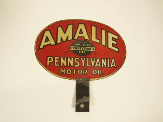 Early 1930s Amalie Pennsylvania Motor Oil double-sided tin lubester sign.