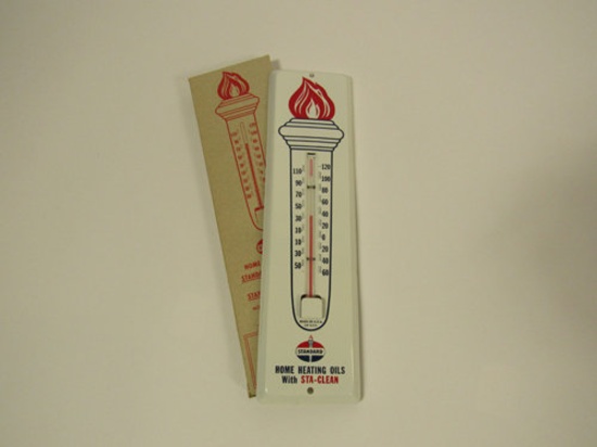 NOS 1950s Standard Oil Heating Oil tin thermometer still in the original box.