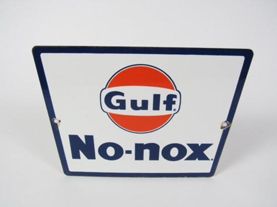 Sharp late 1950s-early 60's Gulf No-Nox single-sided porcelain pump plate sign.