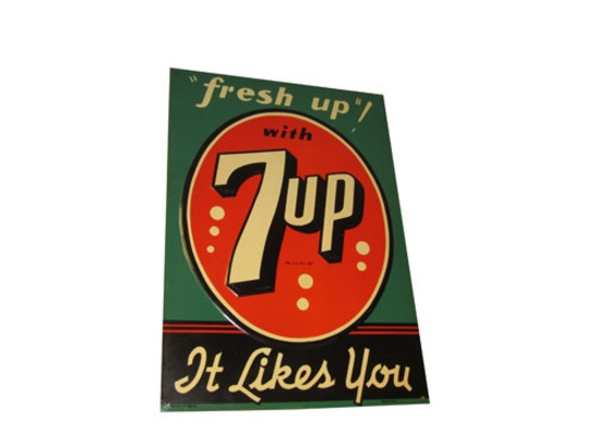 NOS 1930s Fresh Up &-Up "It Likes You" single-sided embossed tin diner sign