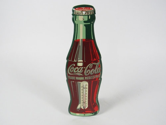 1950s Coca-Cola die-cut tin bottle shaped thermometer. Appears to still be functional