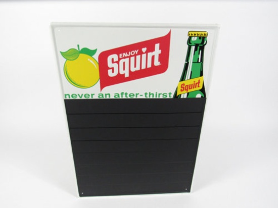 NOS circa 1960s Squirt Soda single-sided tin sign with embossed bottle graphic.