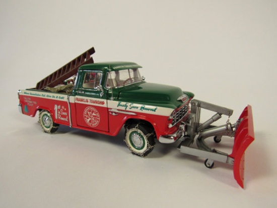 Neat 2003 Franklin Mint 1955 Chevrolet 3100 Christmas Pickup truck with snow plow and accessories.