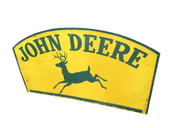 Circa late large 1940s John Deere single-sided dealership sign with four-legged deer logo.