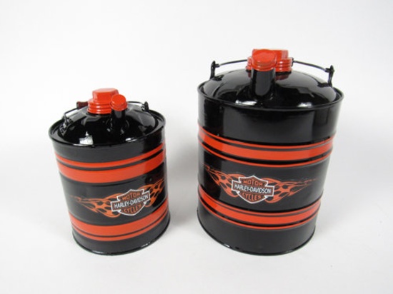 Set of two circa 1930s-40s service department multi-fluid cans restored in Harley-Davidson regalia.