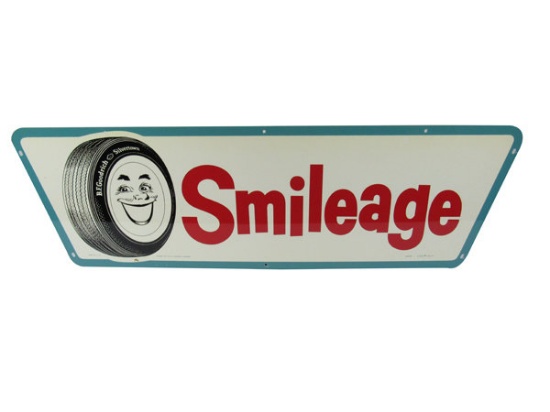 Highly desirable early 1960s BF Goodrich Tires "Smileage" double-sided tin garage sign.