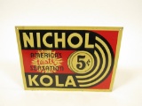 NOS 1930s Nichol Kola single-sided embossed tin soda sign with 5-cent coin graphic.