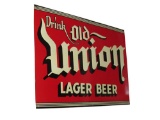 NOS 1930s Drink Old Union Lager Beer single-sided embossed tin tavern sign.
