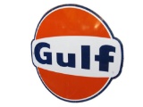 Large 1967 Gulf Oil single-sided porcelain service station sign.