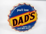 Fabulous NOS 1950s Dad's Root Beer single-sided die-cut tin bottle cap shaped soda sign.