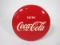 Very clean NOS 1950s Drink Coca-Cola single-sided three-dimensional die-cut tin button sign.