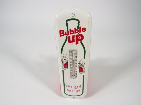 Circa late 1950s-early 60s Bubble Up "Kiss of Lemon - Kiss of Lime" single-sided tin thermometer.