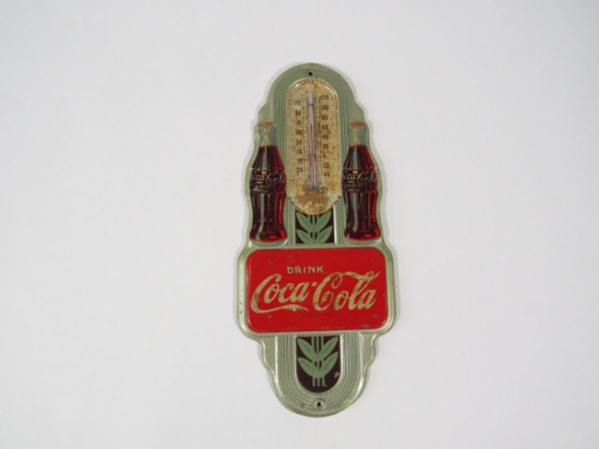 1930s Coca-Cola twin-bottle die-cut tin thermometer.