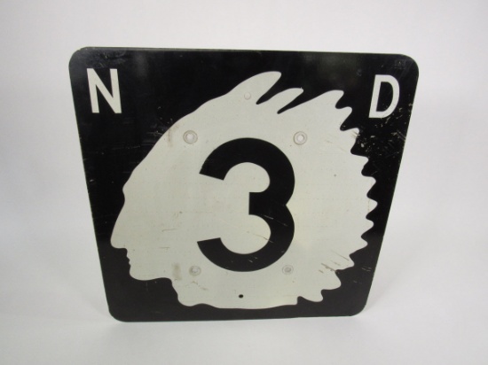 Superb vintage North Dakota Highway #3 metal road sign with Sioux Chieftain graphic.