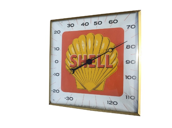 Scarce circa late 1950s-early 60s Shell Oil serivce staiton dial thermometer.